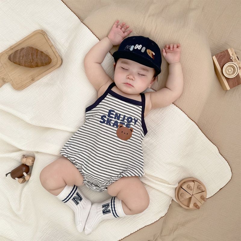 Baby Boy Summer Thin Sleeveless Romper Infant Toddler Sleeveless Tank Top Triangle Bodysuit Girl Romper Jumpsuit Black and white stripes 66