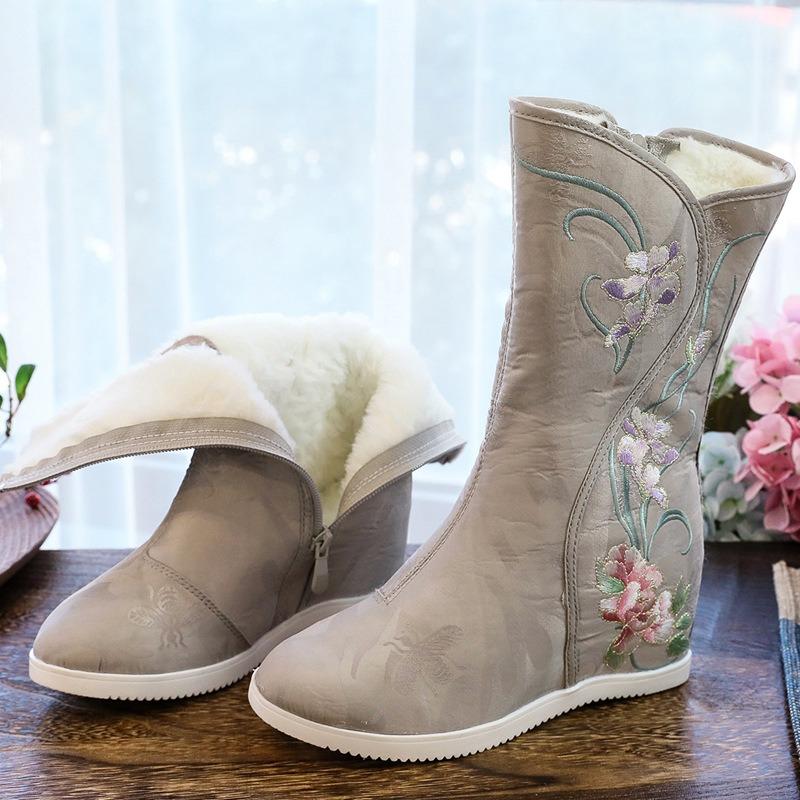 Hanfu Stiefel Damen Innenhöhe Plus Samt Schaft Stickerei Winter Warm Damenstiefel