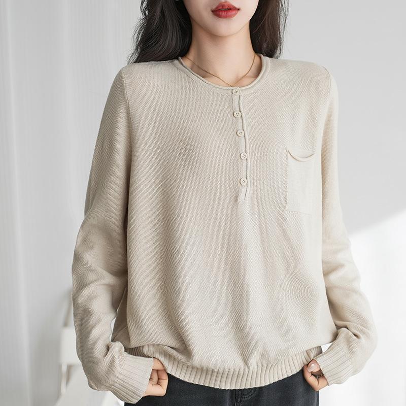 Cotton Thread Vintage Style Long-sleeved Sweater Sweater for Women Early Spring Latest One Tone Comfortable Fit Korean Style Stylishable Leisure Ex M