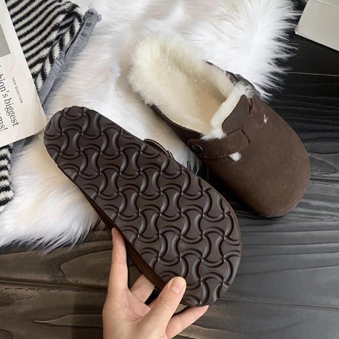 

Fashion New Women s Slippers Autumn Winter Leather Round Toe Slippers Couple Slippers Outdoor Casual Keep Warm Women Suede Slides Mujer 35