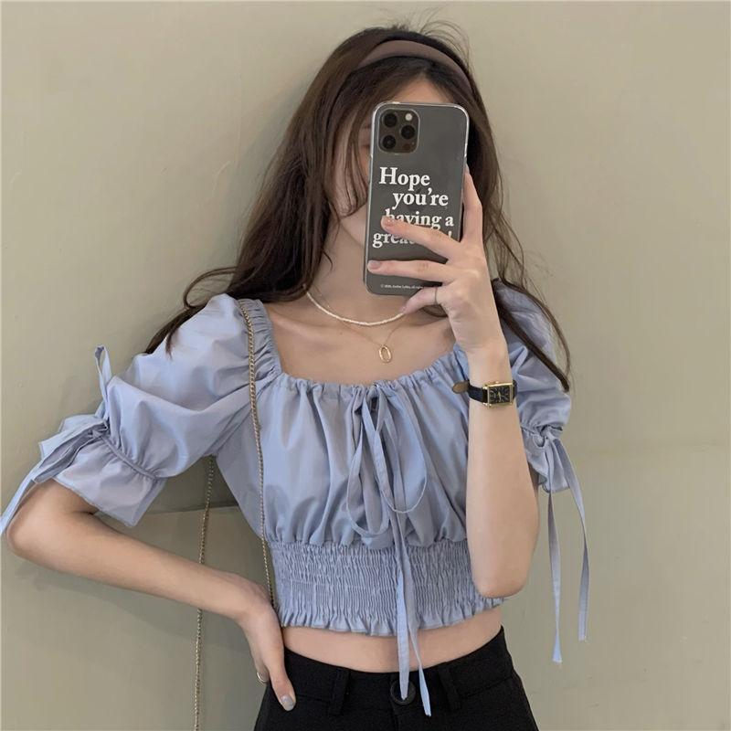 WTEMPO Women Summer Solid Retro Bandage Design Slim Cropped Tops Korean Style Ladies Elegant College Shirts