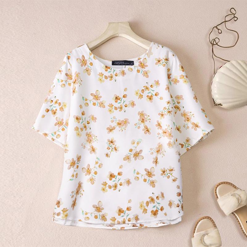 ZANZEA Women Casual Round Neck Half Sleeve Summer Floral Blouse