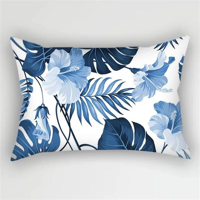 Blue Ink Flowers and Leaves Stripes Pattern Print Decoration Bedroom Living Room Office Home Rectangle Pillowcase