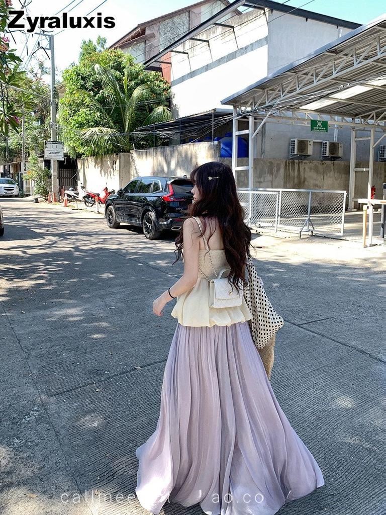 Pink Half Body Skirt Women's Summer New Iridescent Chiffon Draped Mermaid Satin Long Dress Purple Summer Dress