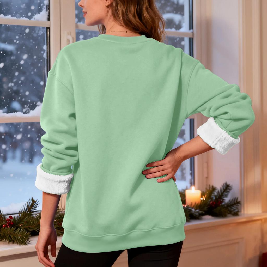 Damen Casual Fashion Rundhals Pullover Top Winter Einfarbig Plüsch Sweatshirt