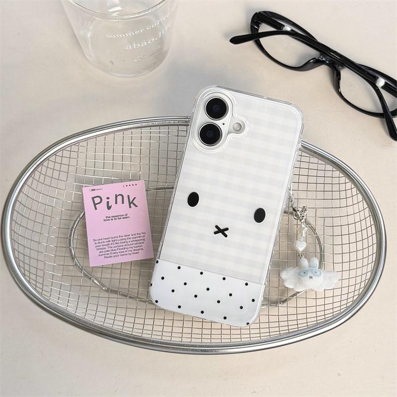 Kawaii Bunny Face Clear Phone Case For iPhone 17 Pro 16 15 14 Pro Max with Heart Side Holes Gingham Pattern Shockproof Cover