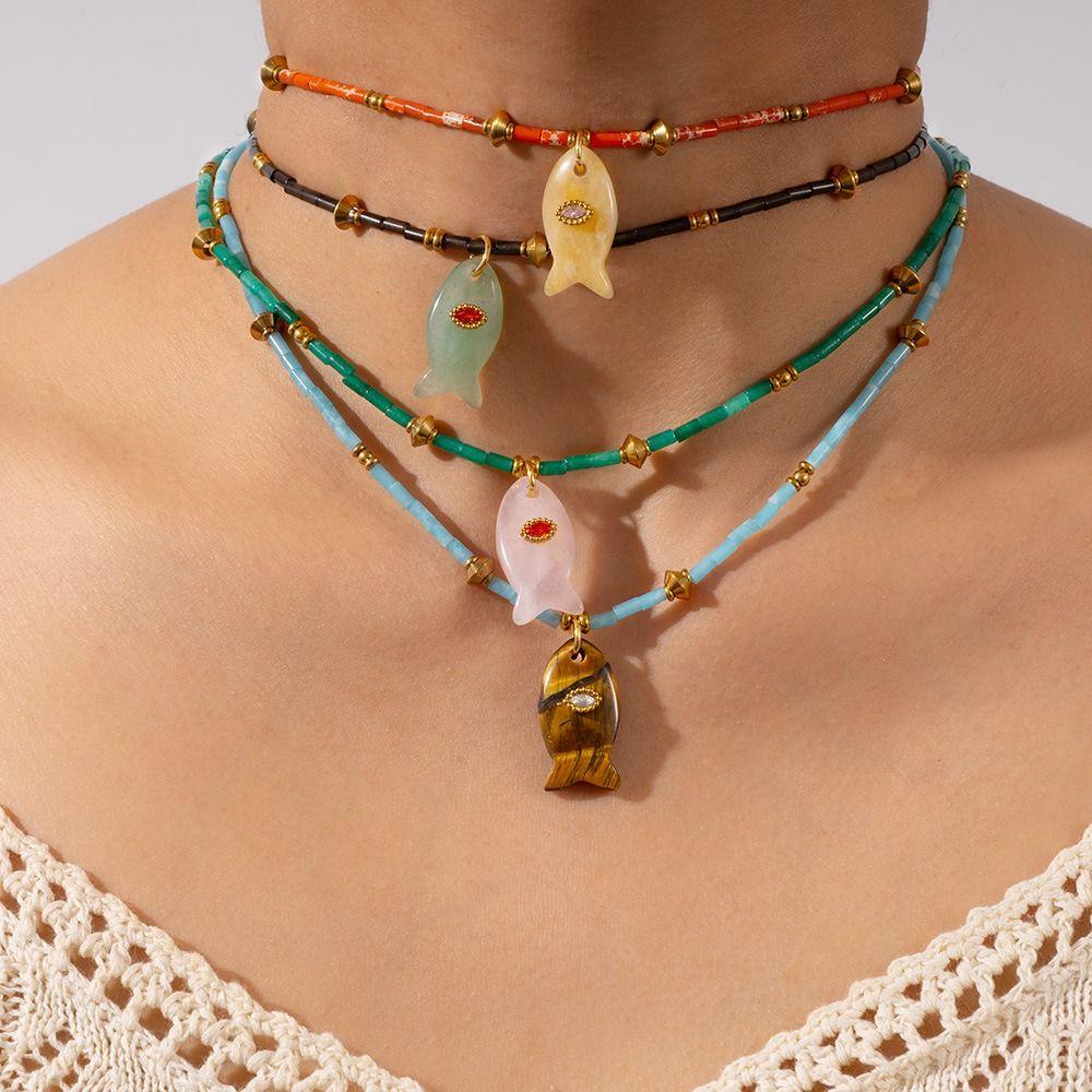 Colorful Fish Pendant Necklace Bohemia Ocean Style Beach Choker Mini Fish Necklace  Sea Beach