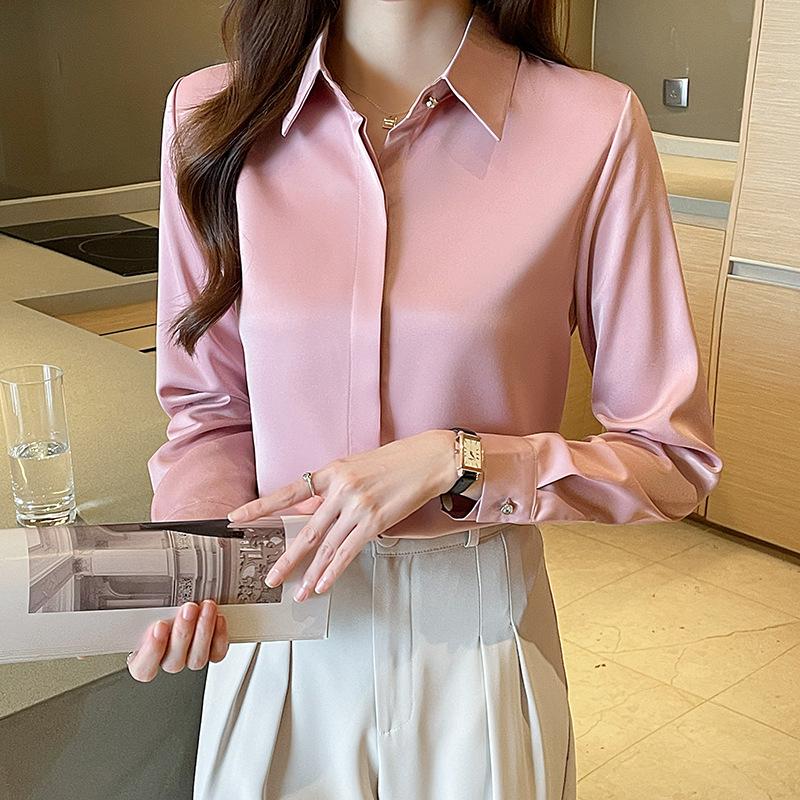 Langarmshirt Damen Frühling Herbst Satin Temperament Vielseitig Lockeres Freizeithemd