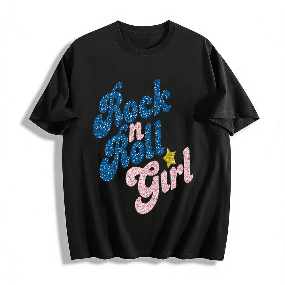 

Vintage Glitter Rock n Roll Girl Print Tee Retro Rock Style Cool Loose Crewneck Top For Women Pure cotton T-shirt XXS