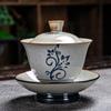 Vintage Firewood Hand Painted Gaiwan, Ceramic Blue and White Ceremony Bowl, Kung Fu Tea Set, Stoneware Brewing Cover, Tureen