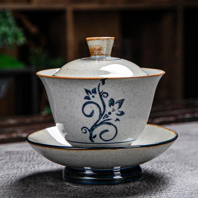 Vintage Firewood Hand Painted Gaiwan, Ceramic Blue and White Ceremony Bowl, Kung Fu Tea Set, Stoneware Brewing Cover, Tureen