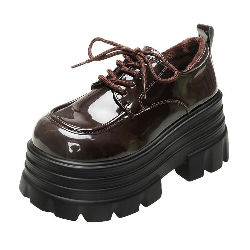 Mode 9CM Nouvelles Femmes Hiver Chaud Baskets Lacets Plateforme Haute Chaussures en Cuir Femme Gothique Bottines Cheville Rock Semelle Épaisse Chaussures Fourrure