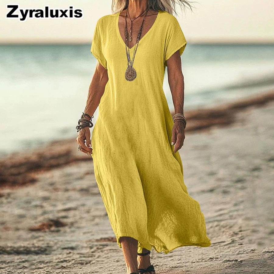Oversized Solid Color V-Neck Cotton Linen Women's Dress for Women's Clothing