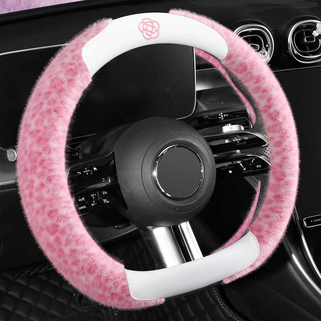 New Leopard Print D-Shaped Steering Wheel Cover for 15inch Cars Plush Material Non-Slip Grip Winter Comfortable & Stylish