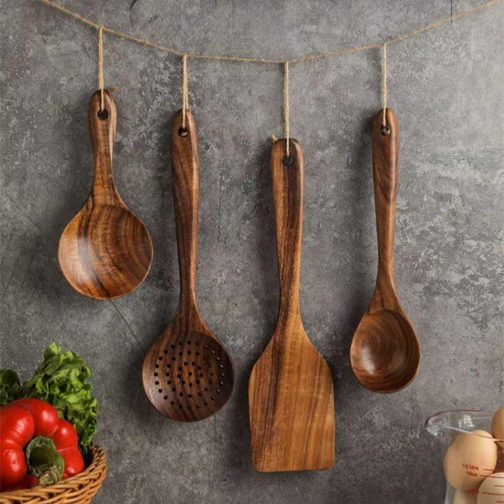 4-8pcs Natural Material Kitchen Utensils Set with Storage Bucket Kitchen Shovel Set  Non-stick Pan