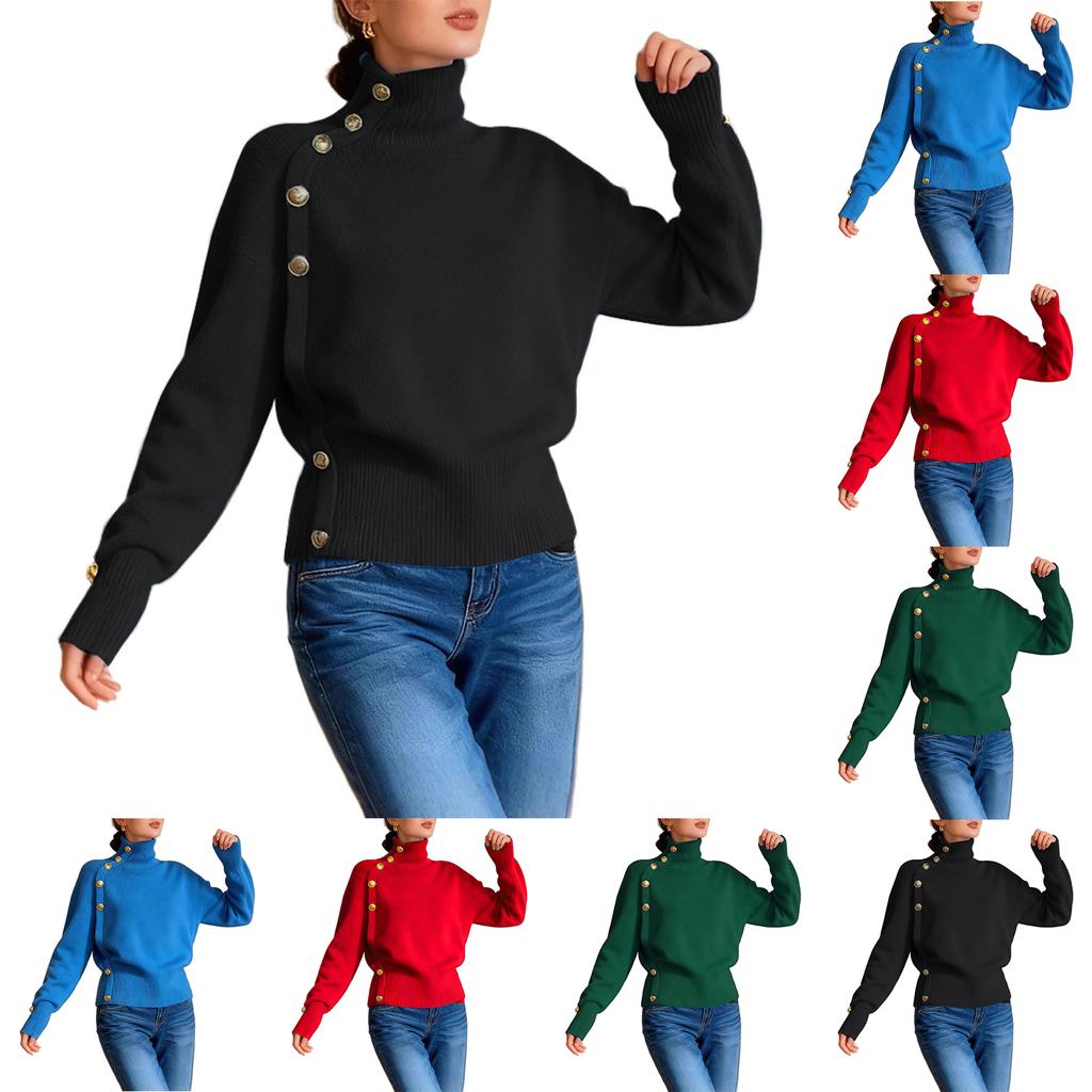 Women's Loose Comfortable Casual Fashion Knit Sweater With Buttons And High Neck
