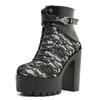Gdgydh Women Ankle Boots Buckle Strap Block High Heels Platform Boots Lace Up Party Booty Side Zipper Lace Flower White Black