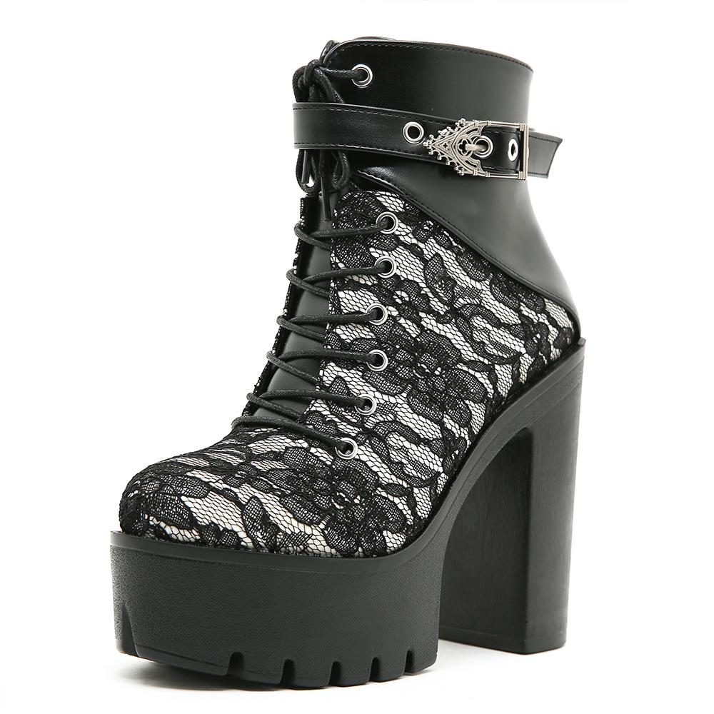 Gdgydh Women Ankle Boots Buckle Strap Block High Heels Platform Boots Lace Up Party Booty Side Zipper Lace Flower White Black