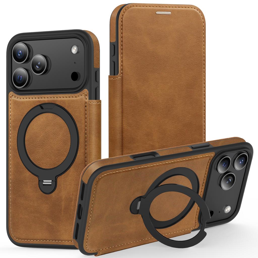 360 Rotating Ring Holder Magnetic Leather Phone Case For iPhone 17 Pro Max 16 Plus 15 14 13 12 11 Shockproof For Magsafe Cover