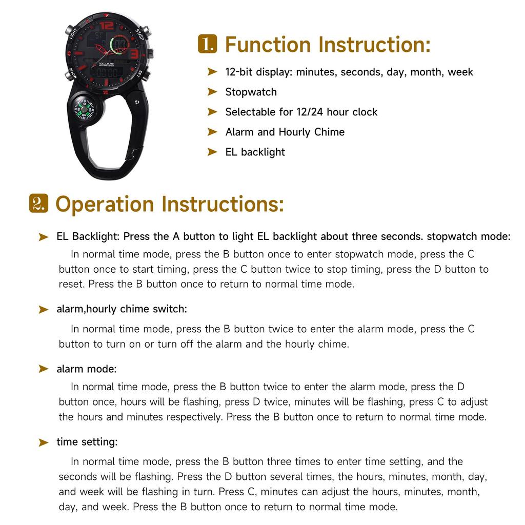 Carabiner Watch, Analog-Digital Display, Clip-on Watch, 3ATM Waterproof, Multifunction LED, Calendar, Stopwatch, Day of Week, Alarm, Sports Watch,