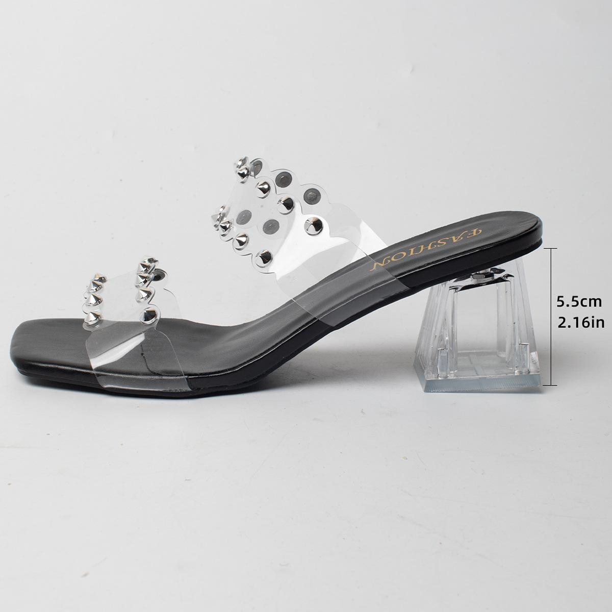 

Летние новые модные шлепанцы с квадратным носком, стразами, на толстом высоком каблуке, в сказочном стиле, с заклепками, прозрачные крутые шлепанцы 43 серебряный
