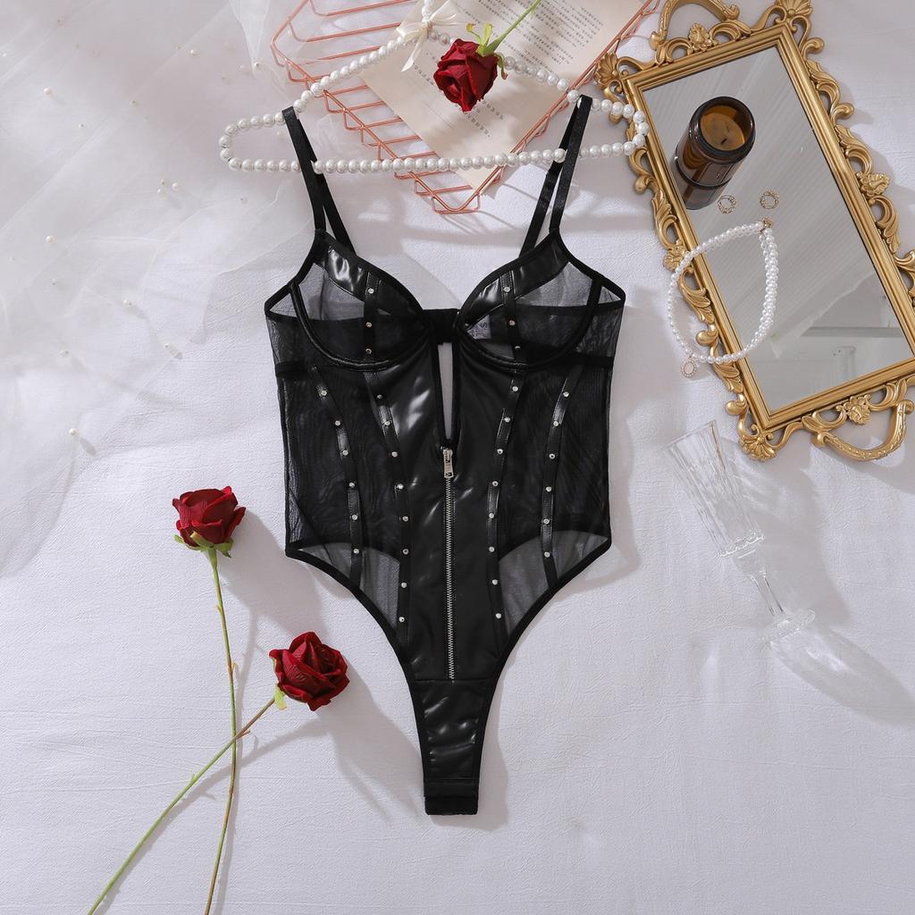 Sexy Sheer Mesh Spliced Pu Leather Slim Rivet Shaping Bodysuit For Women