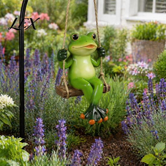 Hand Painted Resin Crafts Garden Swing Frog Statue, Hanging Ornament, Whimsical Decorative Figurine Cute for Front Porch Yard Balcony Decoration