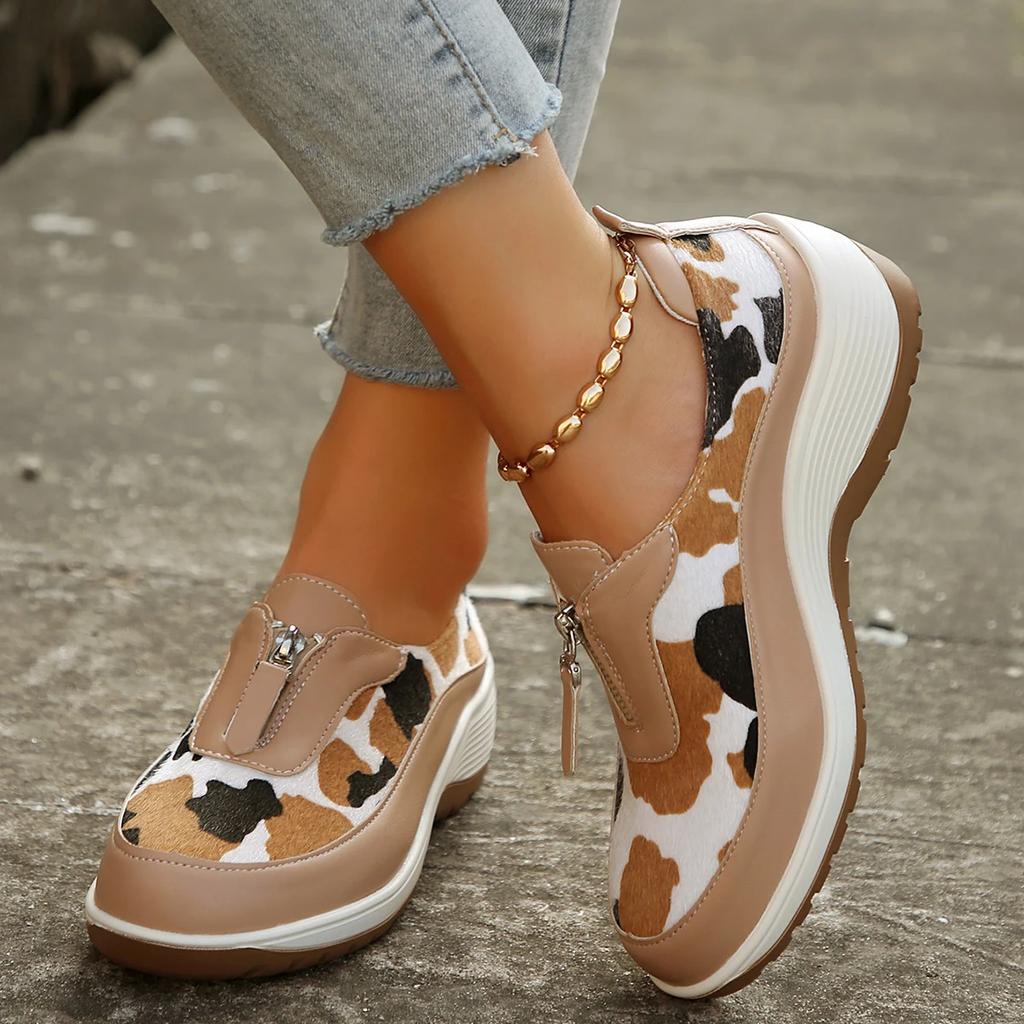 Women's Leopard Print Wedge Sneakers Fashion Front Zipper Platform Vulcanized Shoes Woman Plus Size Casual Comfort Sports Shoes