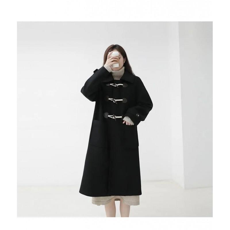 Womens Thick Wool Blend Coat With Horn Buttons Mid-Length Winter College Style