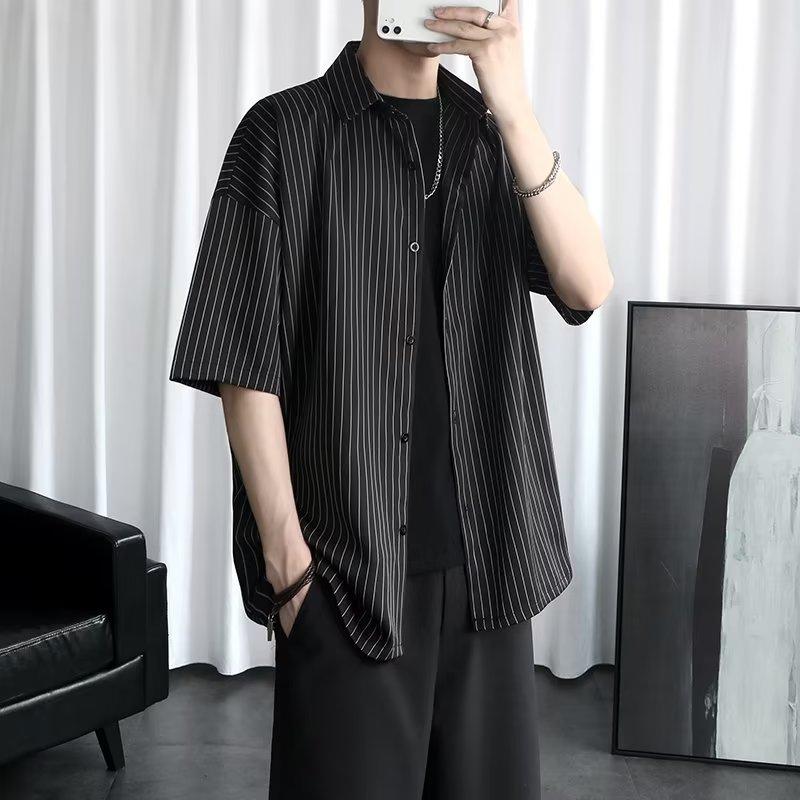 Summer Striped Short Sleeved Shirt For Boys, Trendy Couple, Harajuku Design, Five Quarter Sleeve Drape Shirt