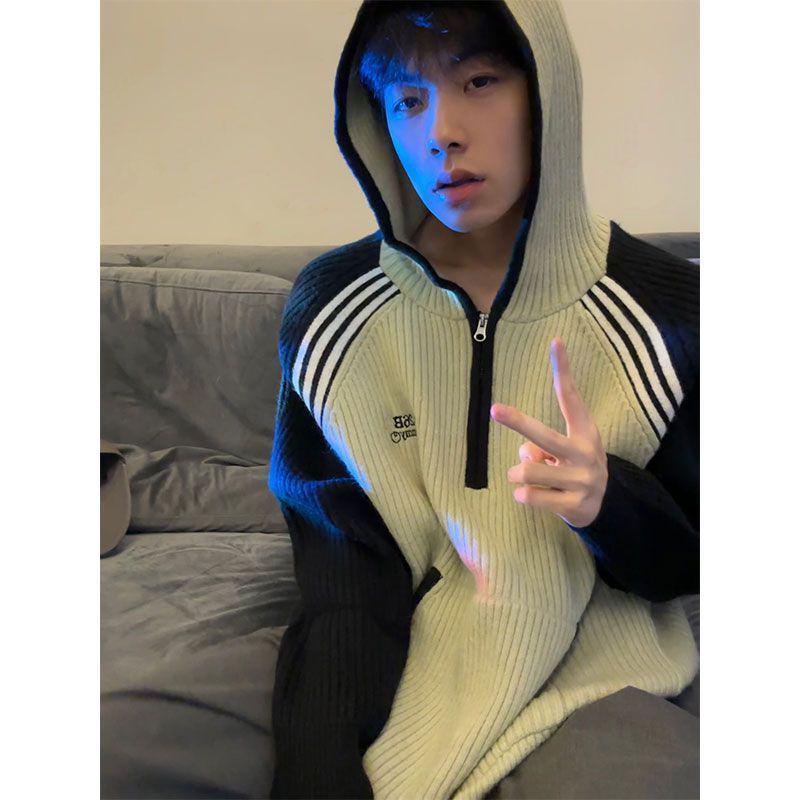 Men s Retro Patchwork Long Sleeve Half-Zip Hoodie XL