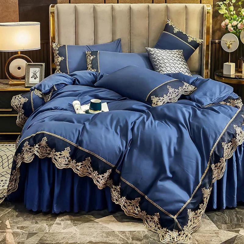 4pcs/set European Light Luxury Embroidery Lace Bed Skirt Four Piece Set Bedding Korean Princess Style Solid Nude Sleeping Comfortable Quilt Pillow Set
