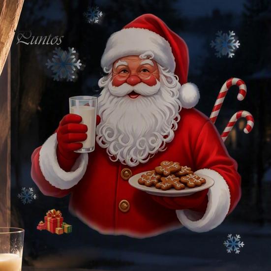 Reusable Static Window Film Christmas Santa Claus Clings, Holding Milk And Cookies Creative Holiday Gifts for Friends Glass Decals, Winter Sticker