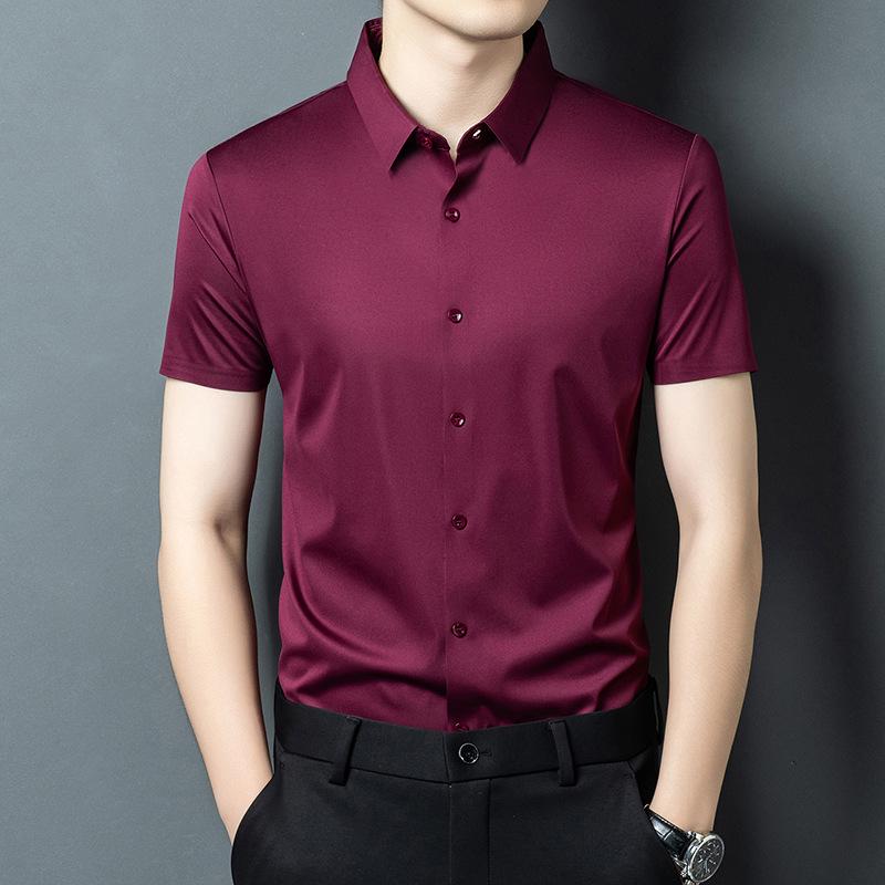 Men's Ice Silk Short Sleeve Lapel Shirt - Business Casual, Non-Iron, Elastic Fit for Middle-Aged Dads