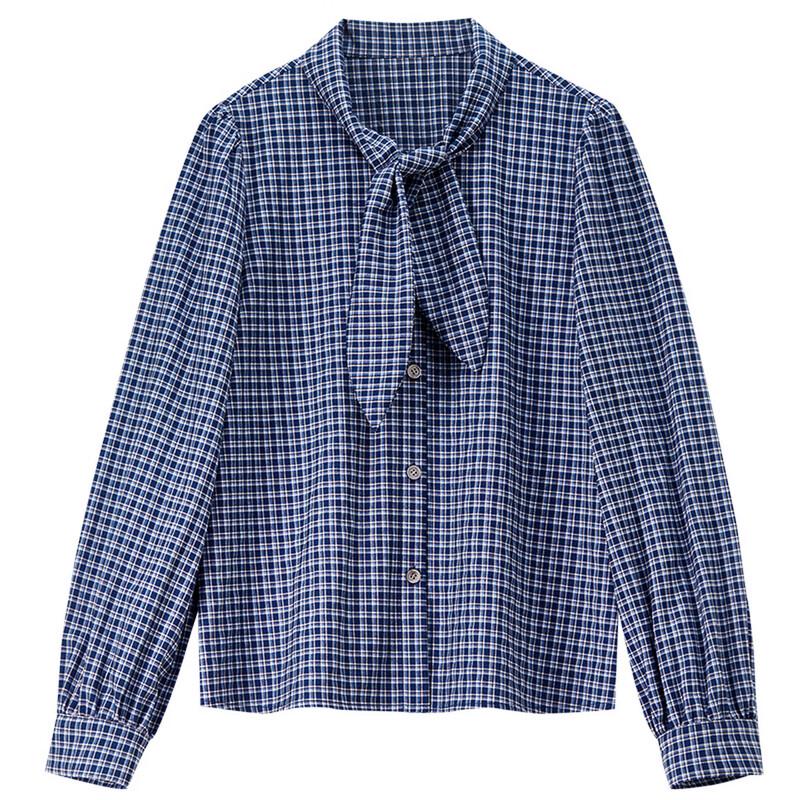 Women's Retro Plaid Tie-Neck Long-Sleeve Blouse