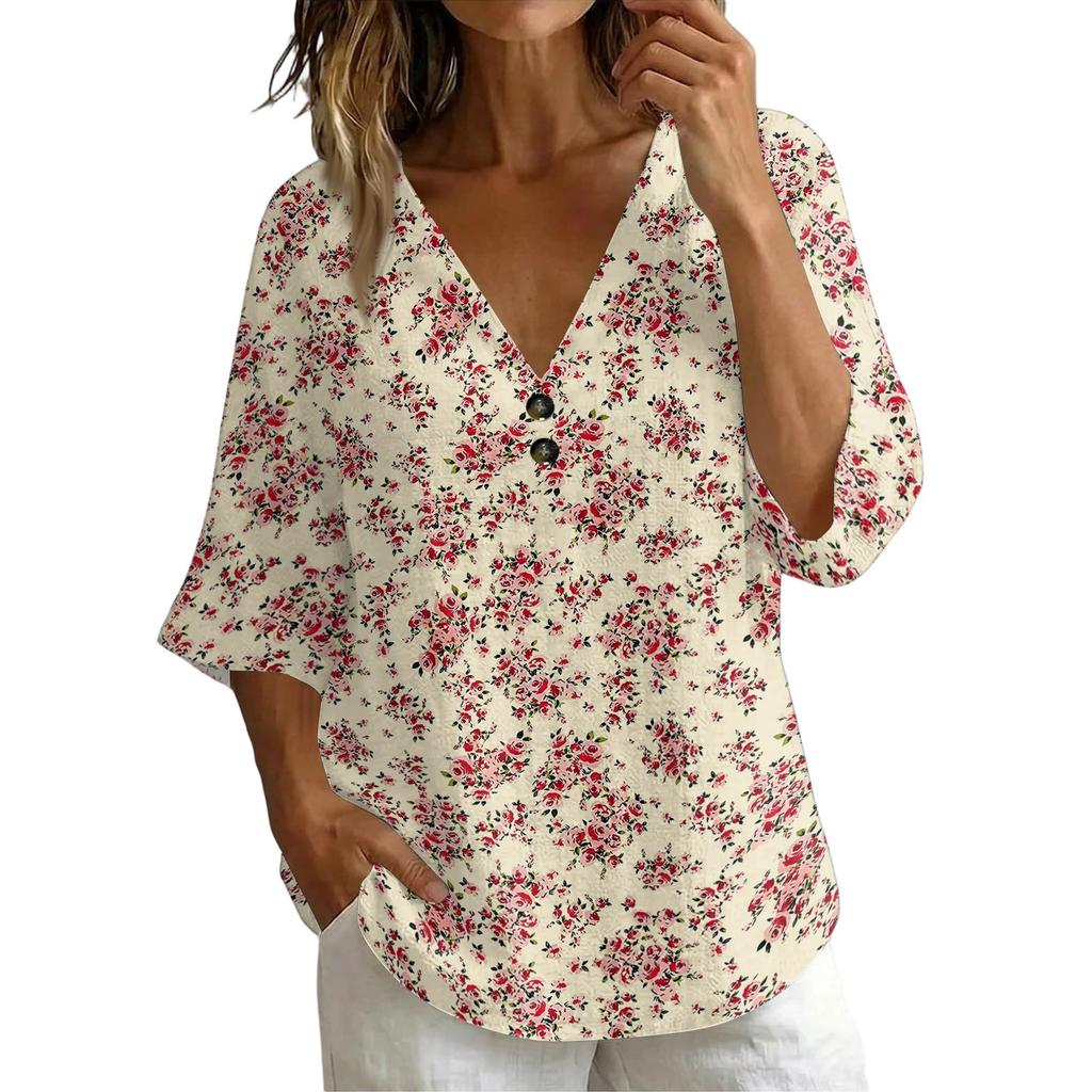 Women V Neck Vintage Floral Print Loose Fit Short Sleeve T Shirt Lightweight Breathable Soft Fabric Casual Top