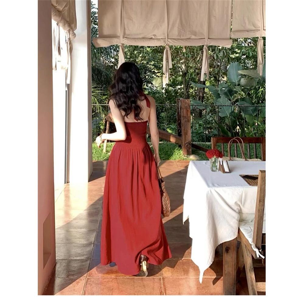 EIA Yiyao [Summer Muse] Red Hong Kong Style Retro Neck Halter Dress Summer French Sleeveless Long Dress