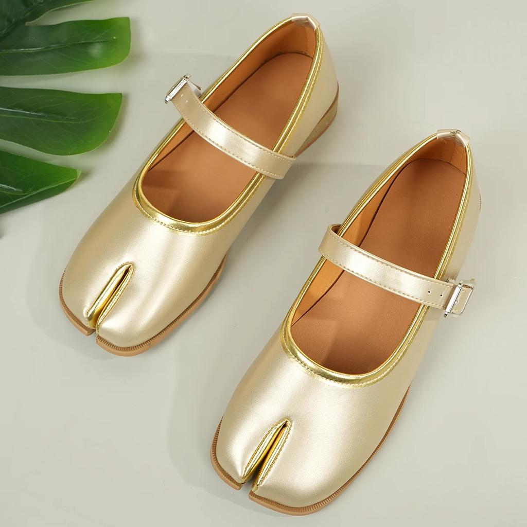Silver Tabi Ninja Mary Janes Ballet Shoes Women Buckle Plus Size 35-42 Leather Split Toe Flats Shallow Loafers Summer Pumps
