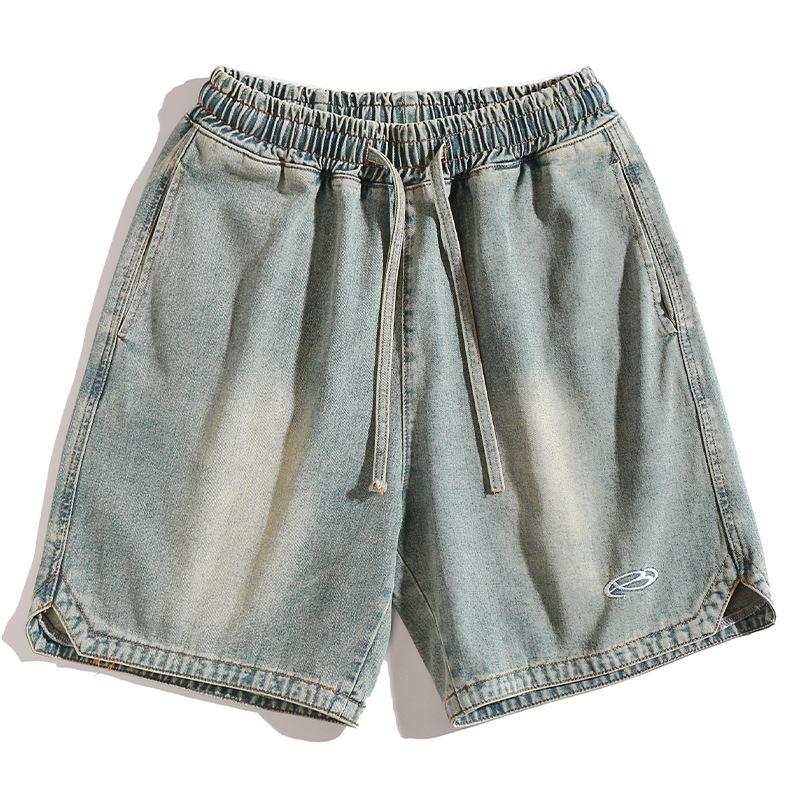 

Men s Hem Triangle Split Design Denim Shorts Men s Summer American Trendy Embroidered Loose Five-point Pants XXXL синій