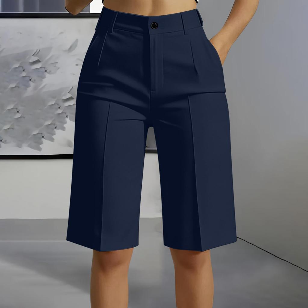 Women High Waist Straight Leg Tailored Bermuda Shorts Simple Design Office Style Knee Length Suit Shorts with Pockets