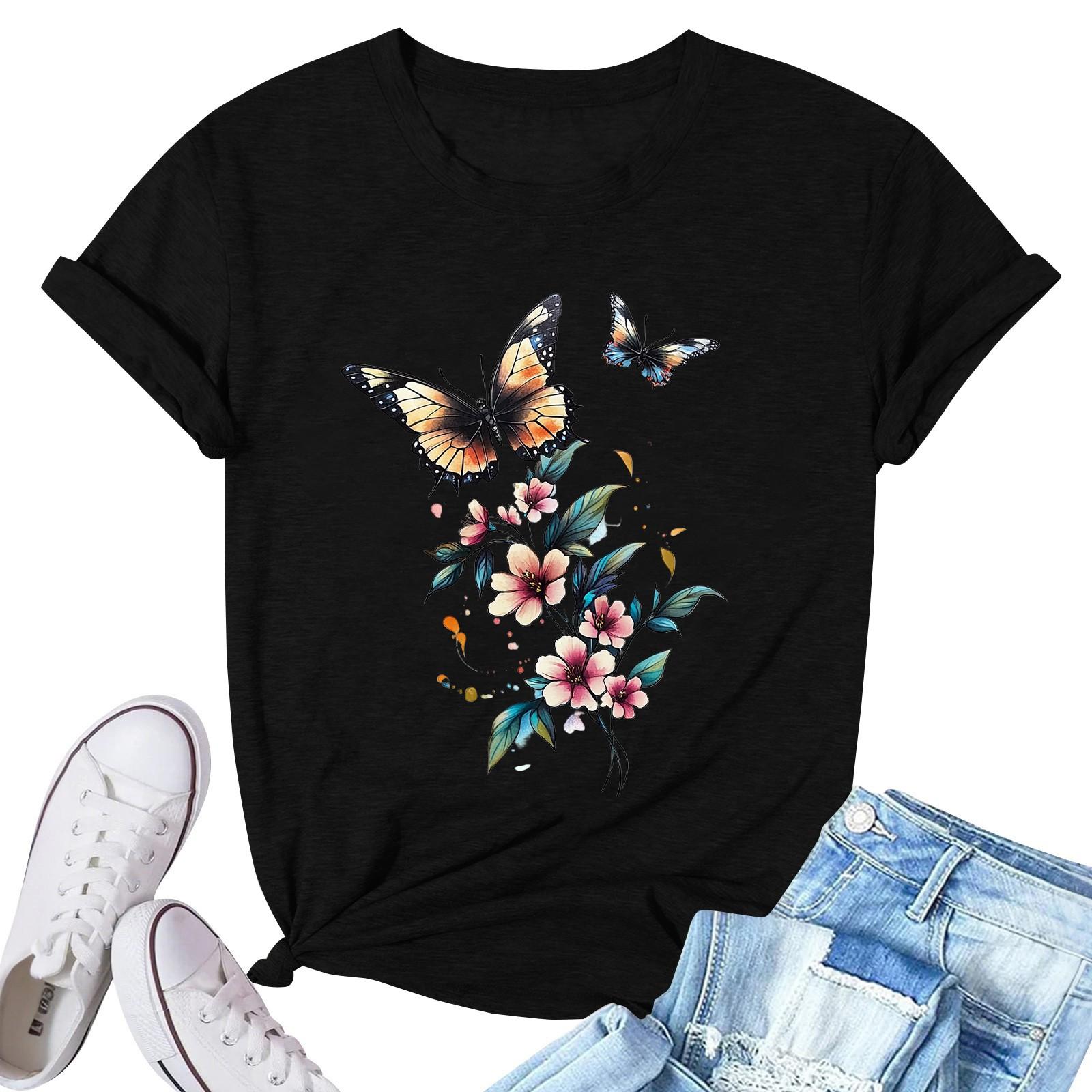 

Women s Fashion Printed Casual Pleated Round Short Sleeve T-Shirt Top L чёрный