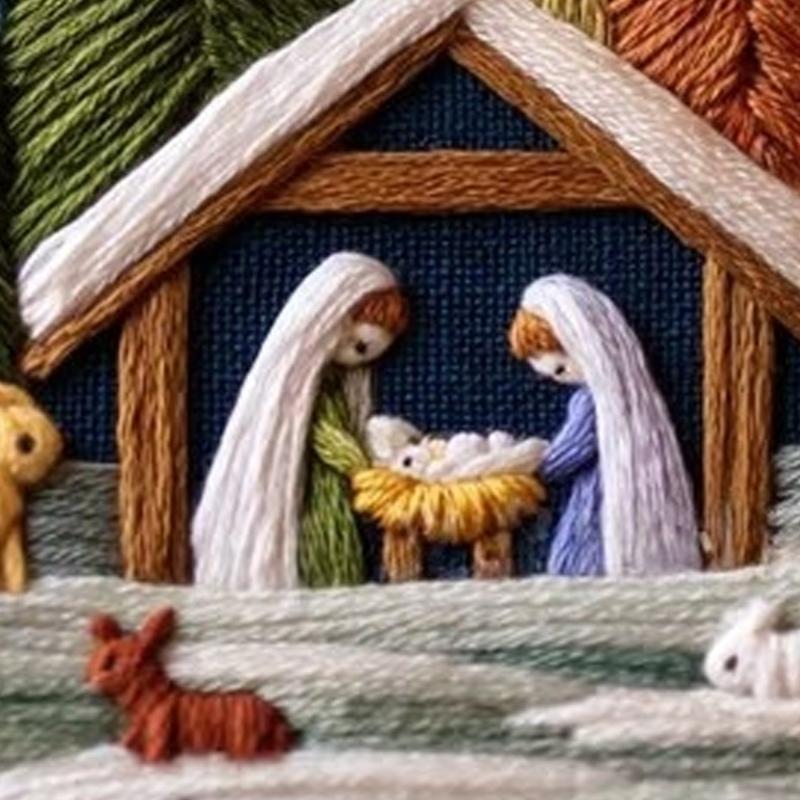 Nativity Scene Embroidery Craft Set Includes Adjustable Hoop Metal Needle Scissors for Holiday Crafting Projects