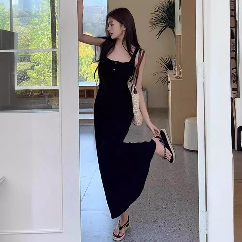 Pure Desire Sexy Suspender Vest Skirt Temperament Black Dress Women's French Design Feeling Waist and Thin Long Skirt Summer