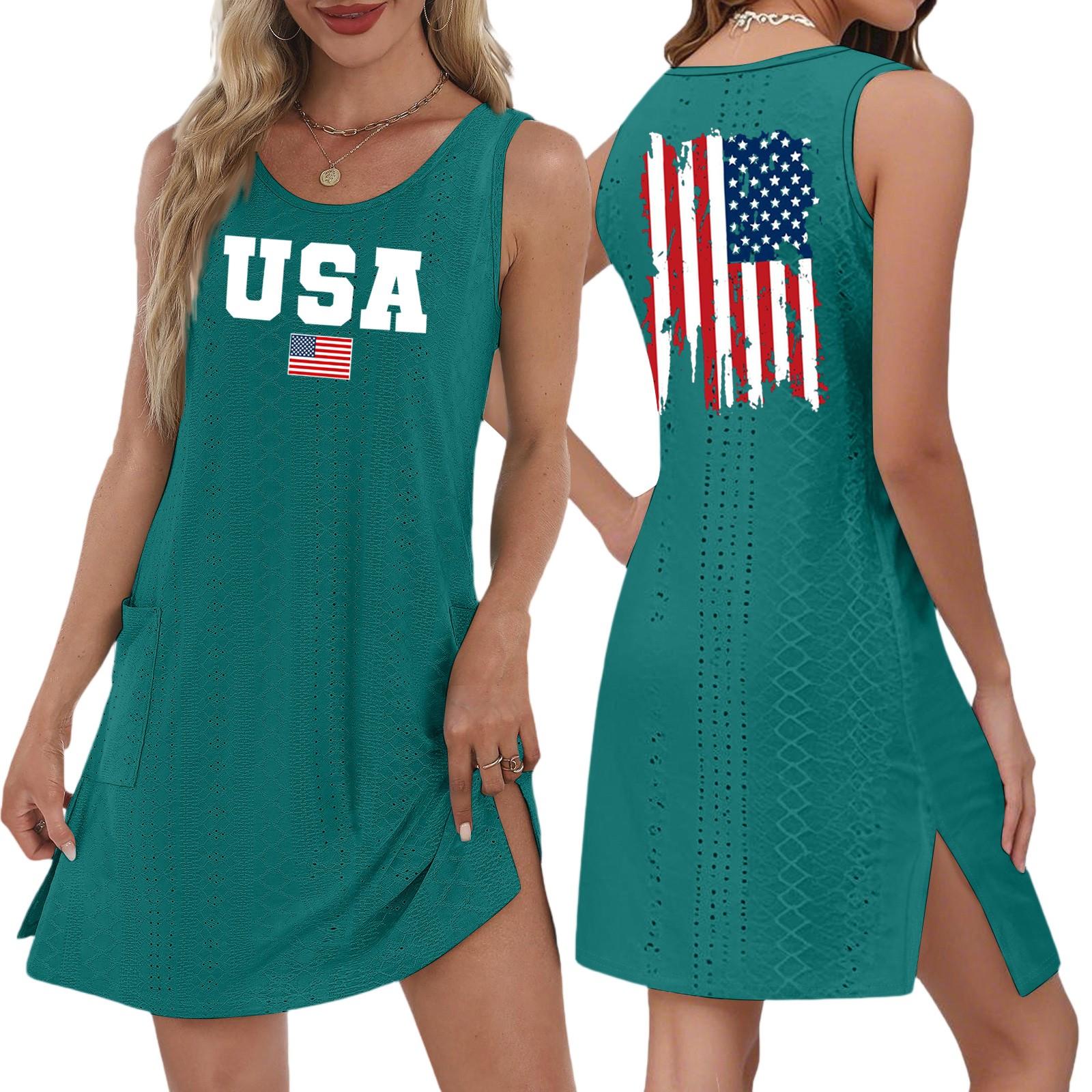 

Women s Casual Fashion Breathable Independence Day Printed Pocket Hem Slit Vest Dress L армія зелений колір