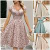 Women Ditsy Floral Midi Dress V Neck Puff Short Sleeve Smocked Waist Irregular Ruffle Hem Summer Vacation Casual Dress