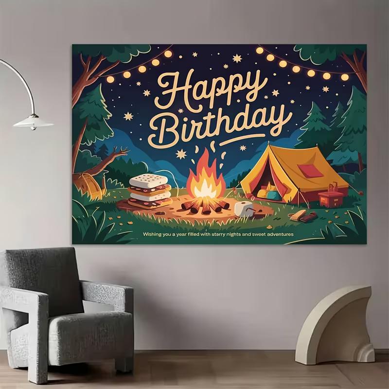2D Cartoon Campfire Tent Birthday Backdrop Starry Night Outdoor Theme Party Decor Background