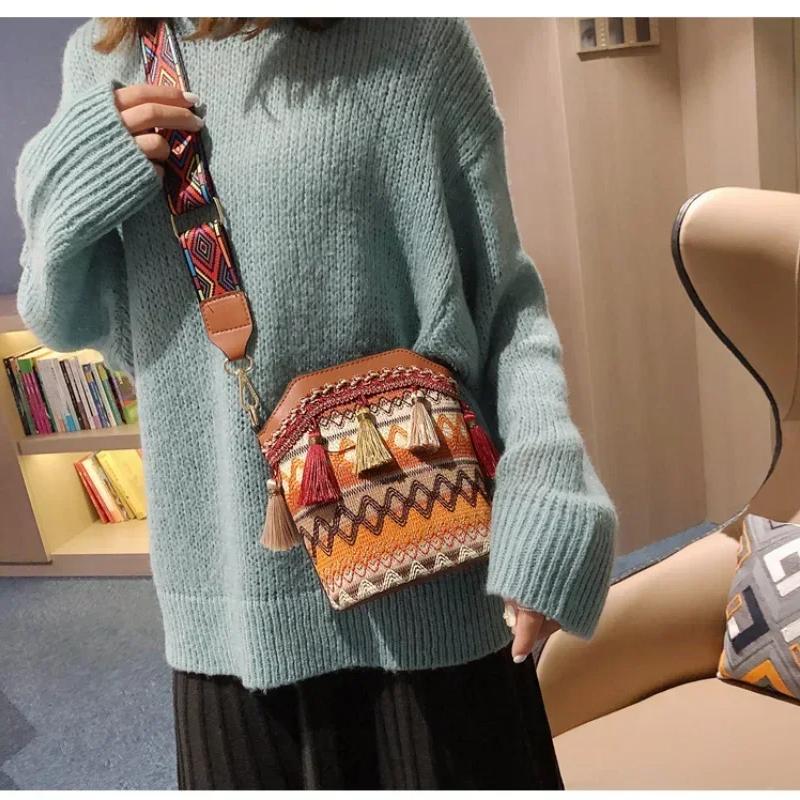 Borsa Vintage da Donna Nappa Etnica Tessuta a Mano a Tracolla per Signora Borsa Hippie a Spalla per Signore Borsetta