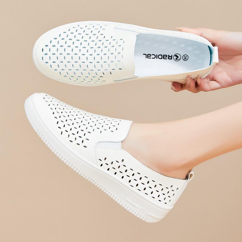 Hollow-out Women's Shoes, Breathable Perforated Thick-sole White Sneakers, Slip-on Lazy Soft-sole Casual Single Shoes.