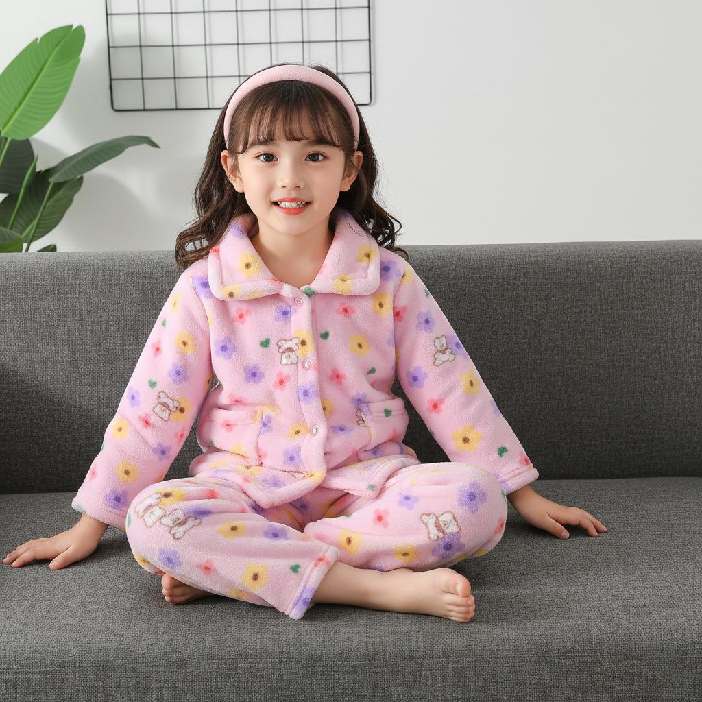 Girls' Pajamas Long Sleeve Flannel Children's Pajamas Autumn Winter Coral Fleece Boys' Baby Kids' Homewear Set