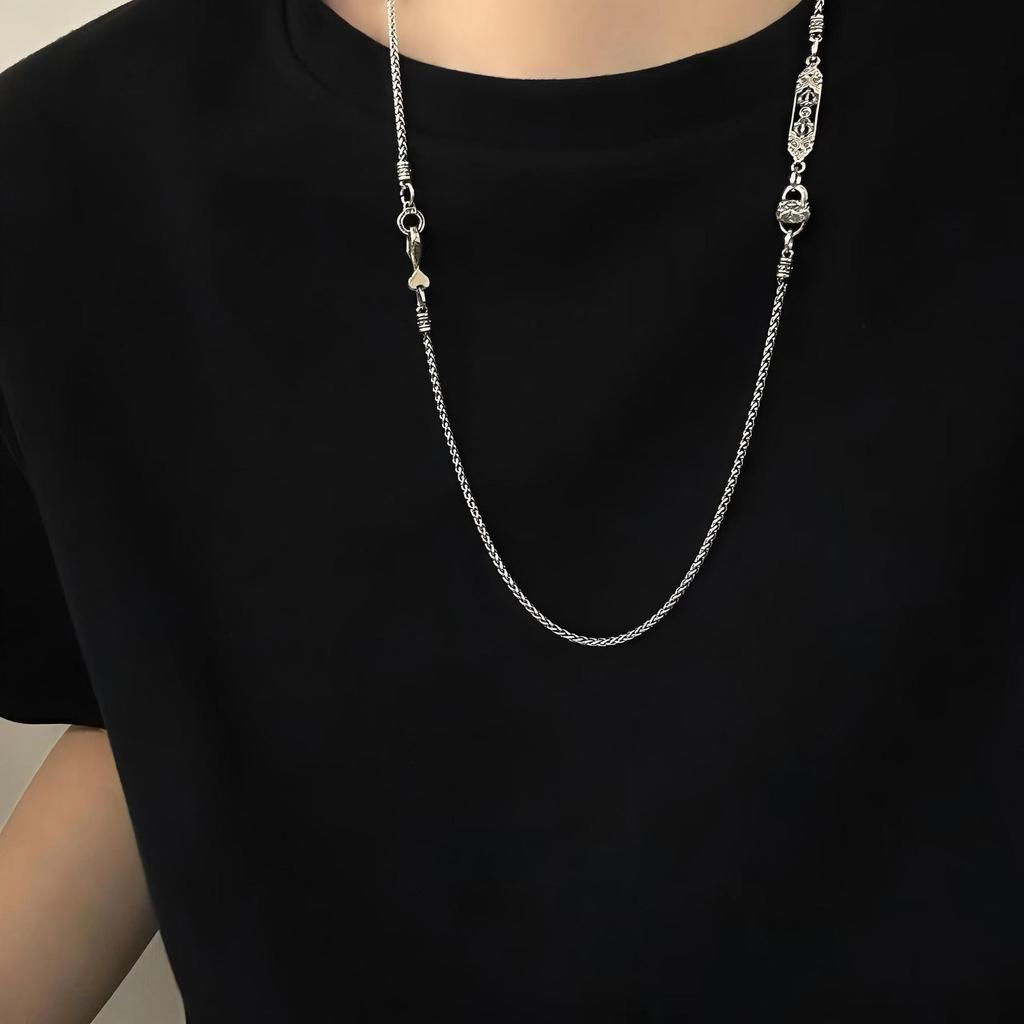 Sterling Silver Tibetan Vajra Pendant Chopin Necklace with Ruyi Knot and Devouring Beast Design - Versatile Ethnic Style Sweater Chain.